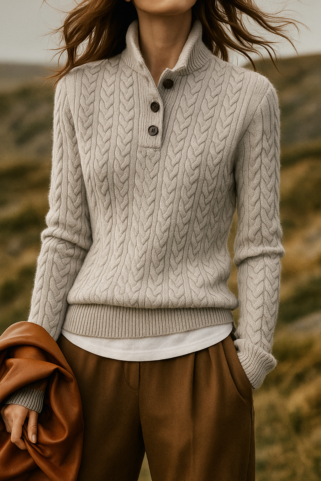Amelia Wool Funnel Neck Pullover Sweater | Cable Knit Relaxed Fit Sweater