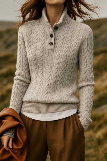Amelia Wool Funnel Neck Pullover Sweater | Cable Knit Relaxed Fit Sweater