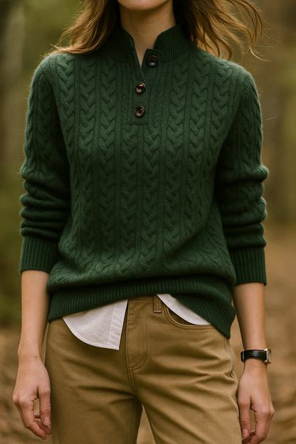 Amelia Wool Funnel Neck Pullover Sweater | Cable Knit Relaxed Fit Sweater