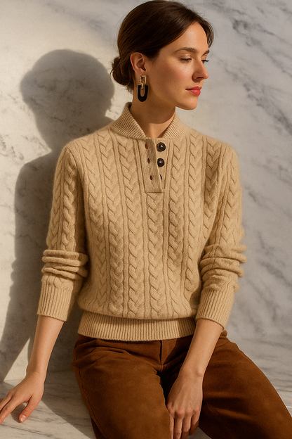 Amelia Wool Funnel Neck Pullover Sweater | Cable Knit Relaxed Fit Sweater