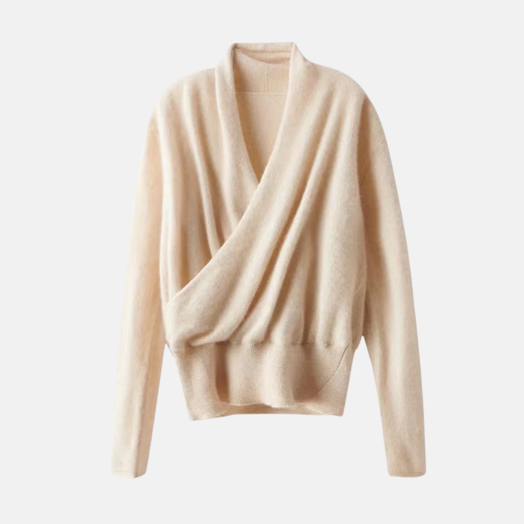 Amelia Wool Wrap Sweater | Cropped Ribbed Trim Sweater