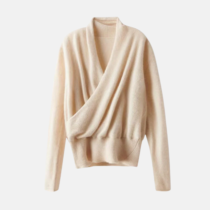 Amelia Wool Wrap Sweater | Cropped Ribbed Trim Sweater