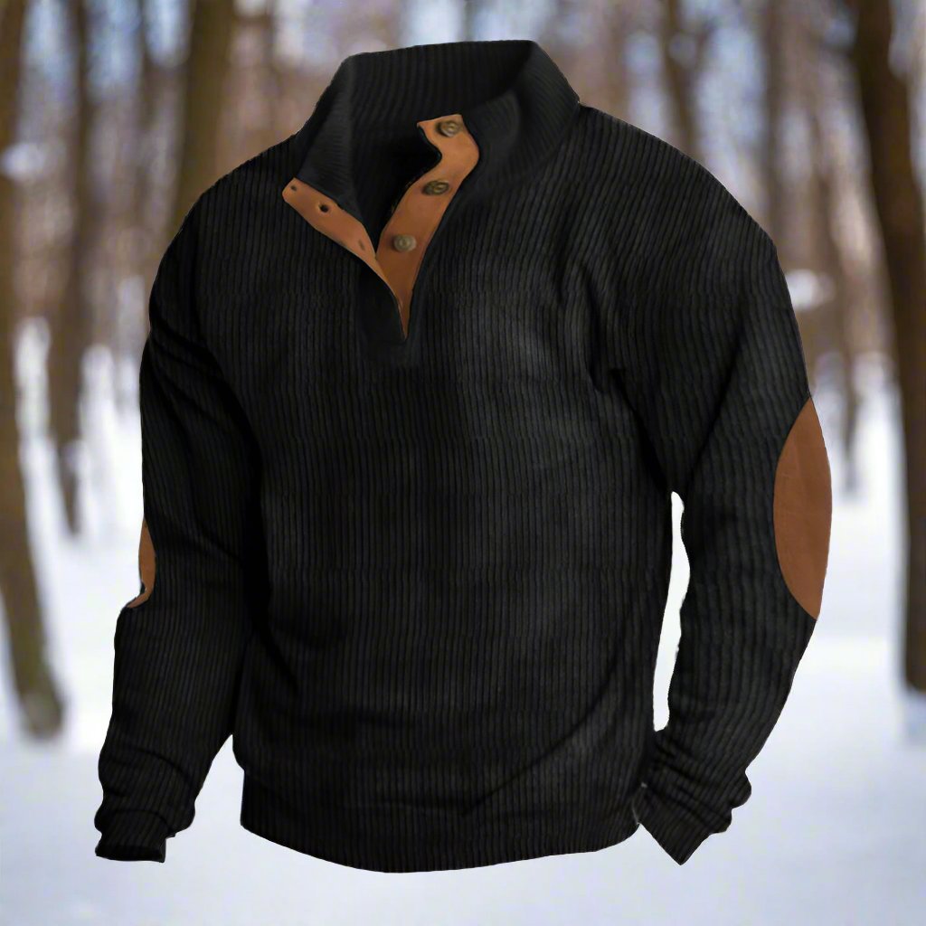 Tommy Wool Ribbed Button Front Sweater | Relaxed Fit Elbow Patch Sweater