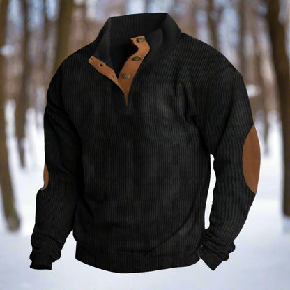 Tommy Wool Ribbed Button Front Sweater | Relaxed Fit Elbow Patch Sweater