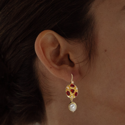 Red Gemstone Gold Drop Earrings - Aurelia