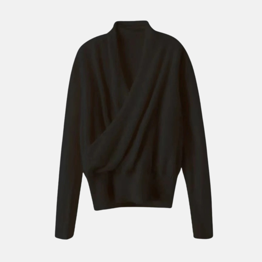 Amelia Wool Wrap Sweater | Cropped Ribbed Trim Sweater