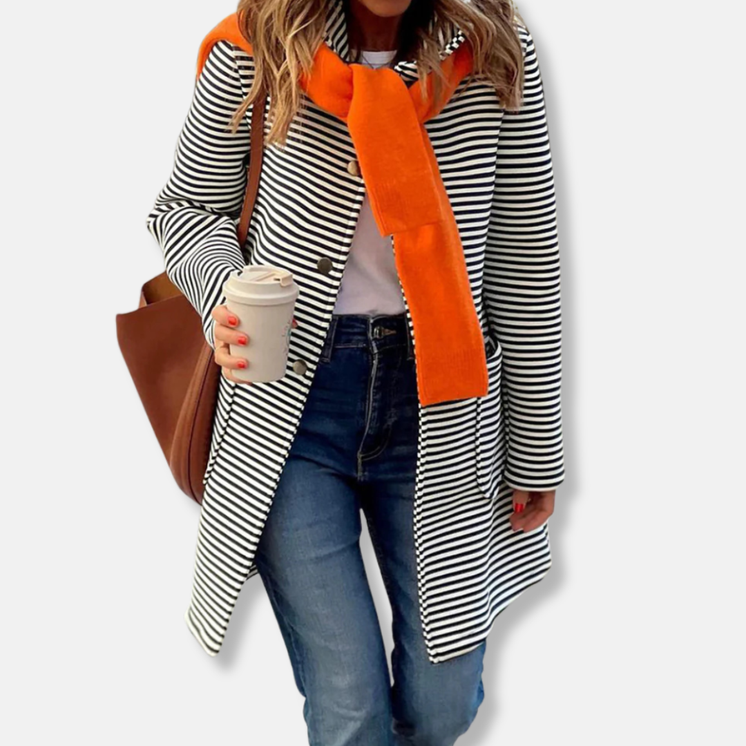 Sara Cotton Relaxed Fit Striped Trench Coat | Collared Mid-Thigh Coat
