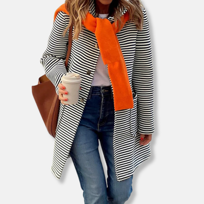 Sara Cotton Relaxed Fit Striped Trench Coat | Collared Mid-Thigh Coat