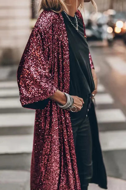 Gabriella Satin Sequin Embellished Duster Cardigan | Open Front Full-Length Cardigan