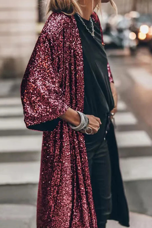 Gabriella Satin Sequin Embellished Duster Cardigan | Open Front Full-Length Cardigan