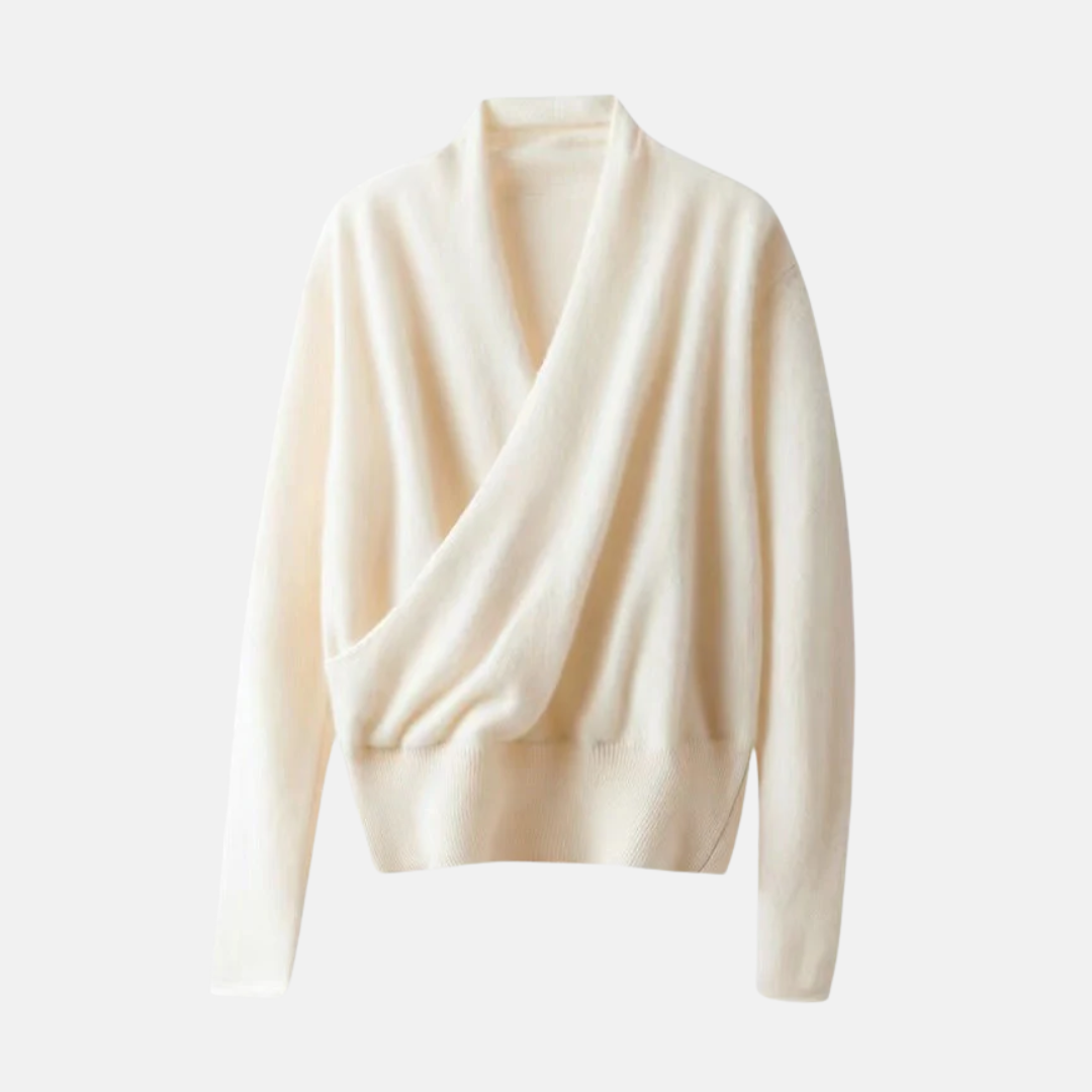 Amelia Wool Wrap Sweater | Cropped Ribbed Trim Sweater