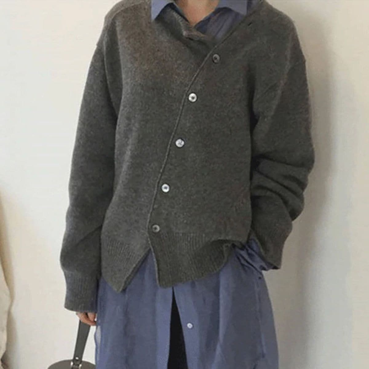 Harper Wool Oversized Fit Cardigan | Crewneck Ribbed Hem Cardigan
