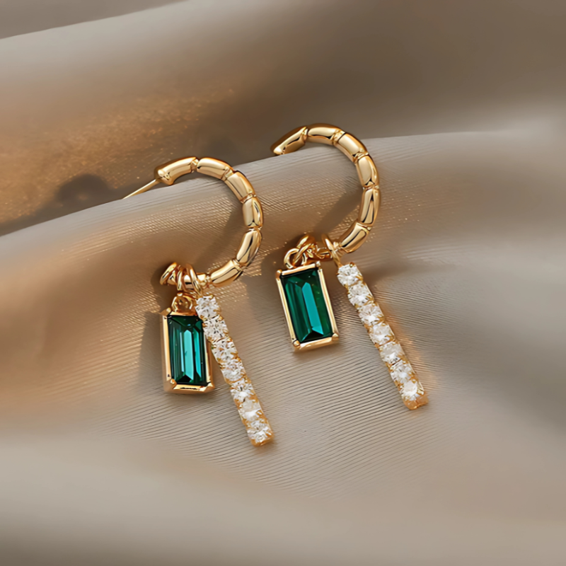 Golden Geometric Hoop Earrings with Green Crystal - Alana