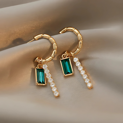 Golden Geometric Hoop Earrings with Green Crystal - Alana