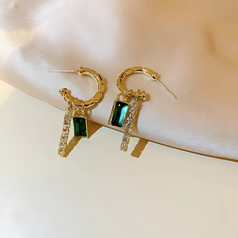 Golden Geometric Hoop Earrings with Green Crystal - Alana