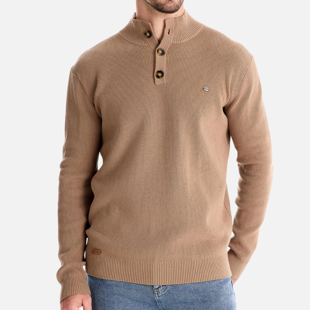 Theodore Wool Mock Neck Sweater | Ribbed Button Hip-Length Sweater