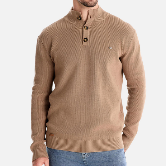 Theodore Wool Mock Neck Sweater | Ribbed Button Hip-Length Sweater