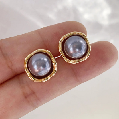 Gold Stud Earrings with Grey Pearl - Lorraine