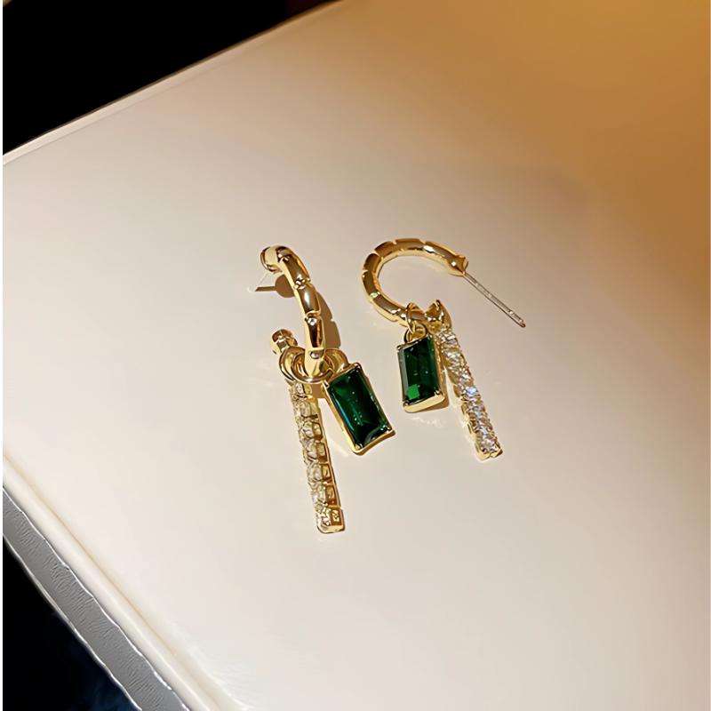Golden Geometric Hoop Earrings with Green Crystal - Alana