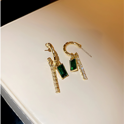Golden Geometric Hoop Earrings with Green Crystal - Alana