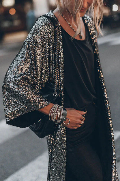 Gabriella Satin Sequin Embellished Duster Cardigan | Open Front Full-Length Cardigan