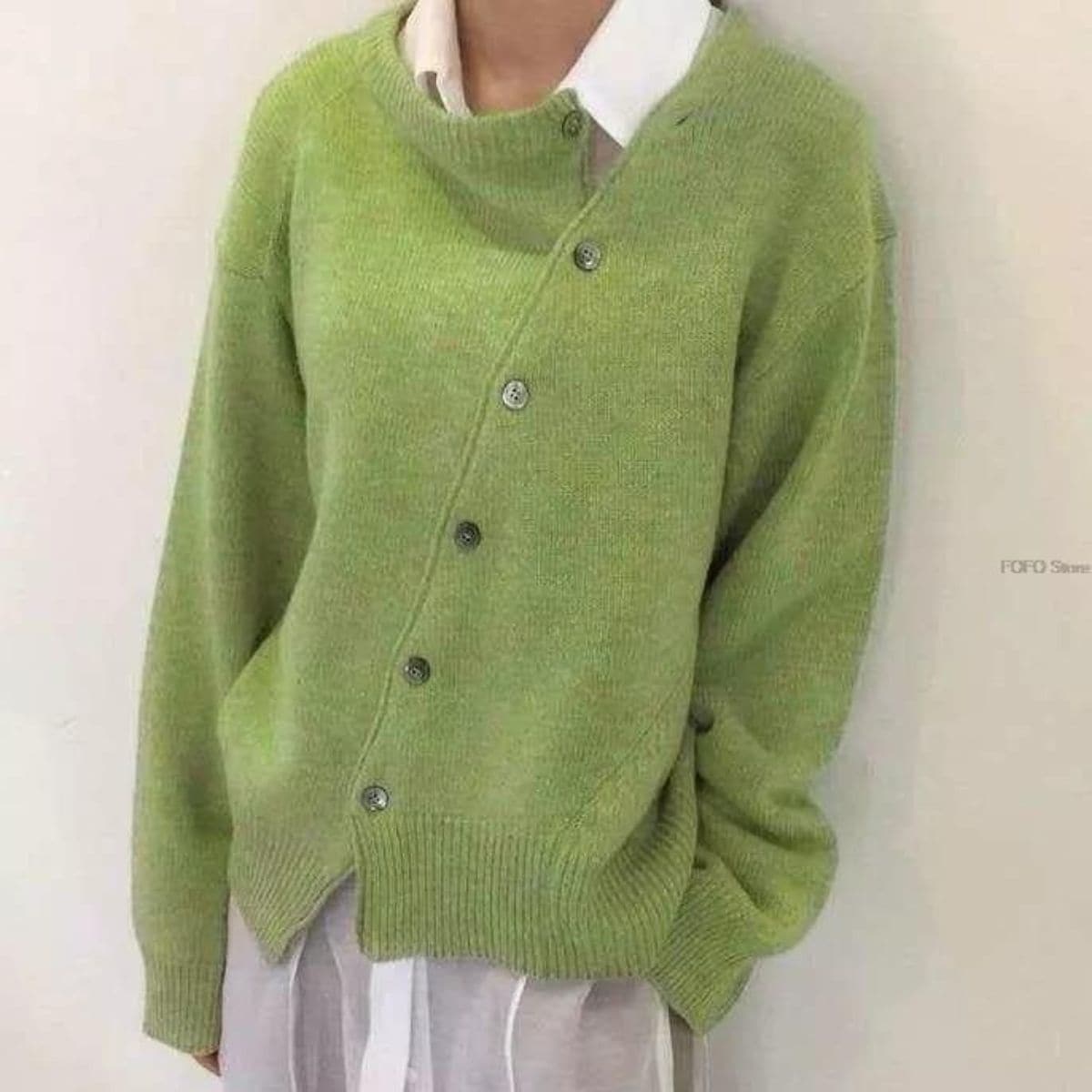 Harper Wool Oversized Fit Cardigan | Crewneck Ribbed Hem Cardigan