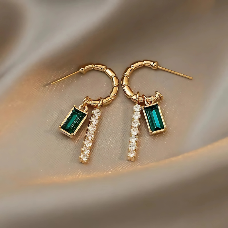 Golden Geometric Hoop Earrings with Green Crystal - Alana