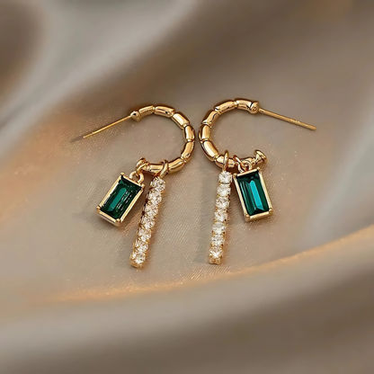Golden Geometric Hoop Earrings with Green Crystal - Alana