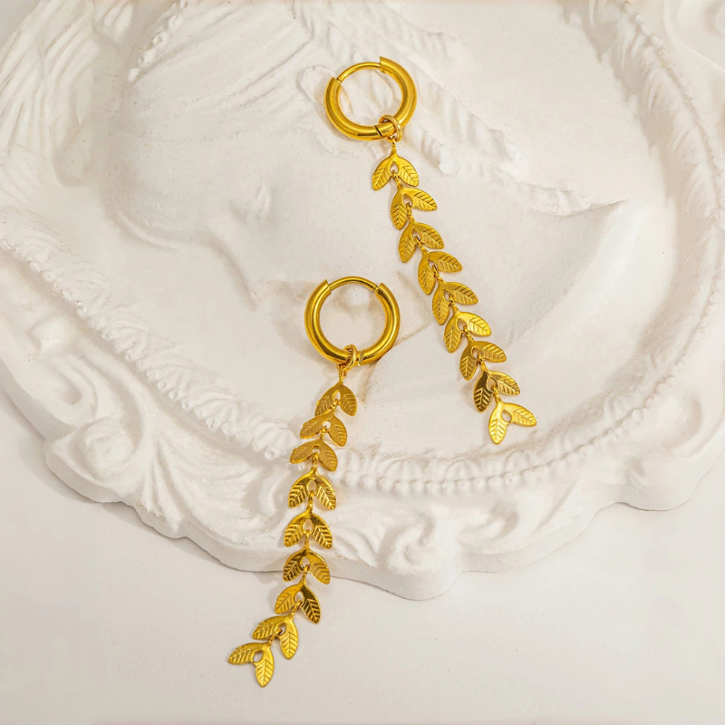 Gold Long Leaf Earrings - Scarlett