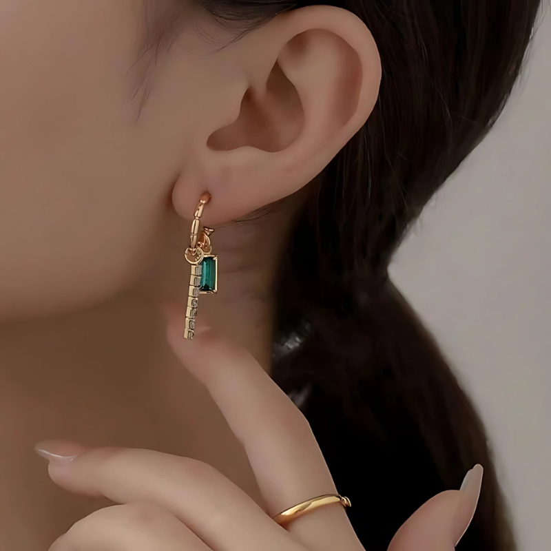 Golden Geometric Hoop Earrings with Green Crystal - Alana