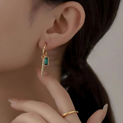 Golden Geometric Hoop Earrings with Green Crystal - Alana