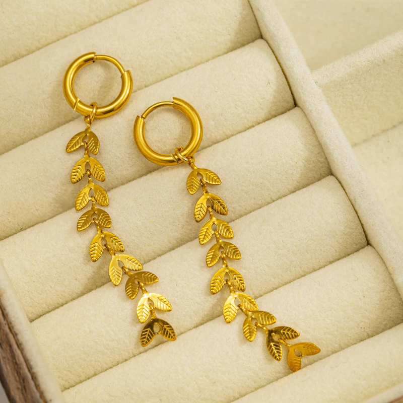 Gold Long Leaf Earrings - Scarlett