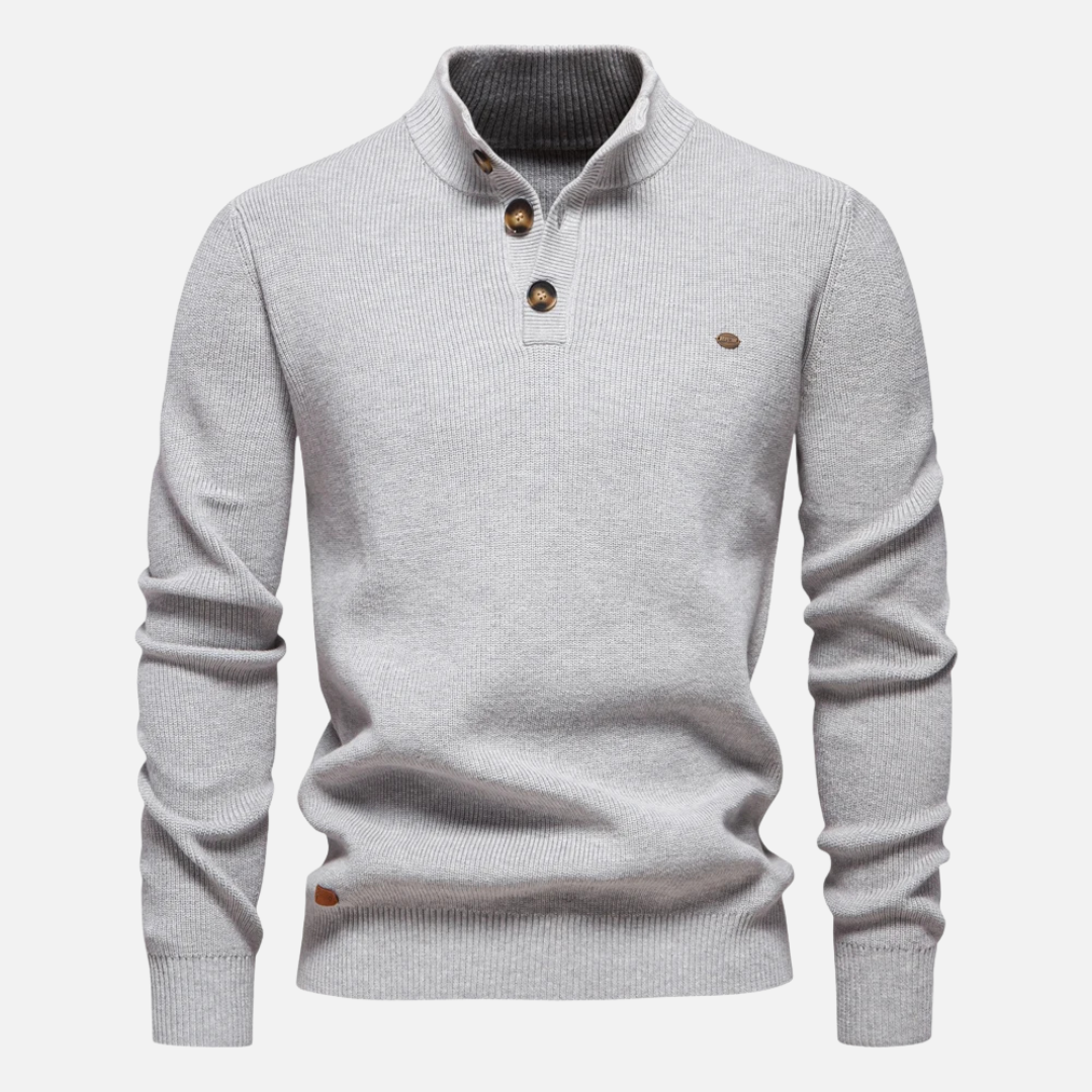 Theodore Wool Mock Neck Sweater | Ribbed Button Hip-Length Sweater