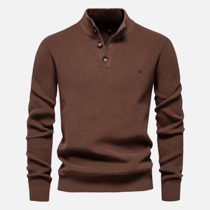 Theodore Wool Mock Neck Sweater | Ribbed Button Hip-Length Sweater