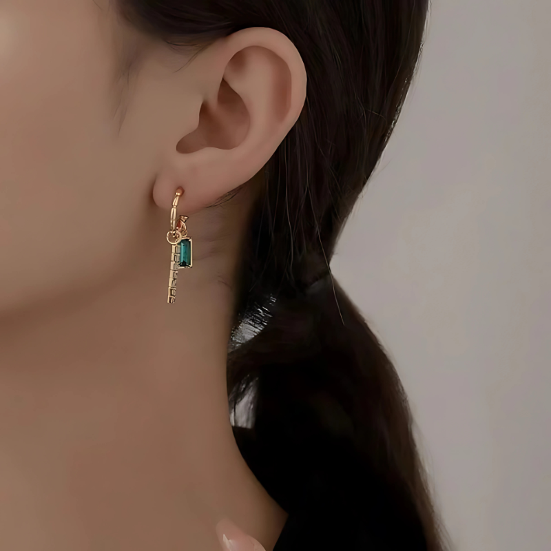 Golden Geometric Hoop Earrings with Green Crystal - Alana
