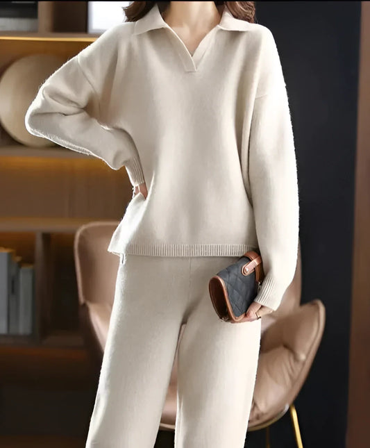 Isla Wool Collared V-Neck Sweater Two-Piece Set | Relaxed Fit Wool Trousers
