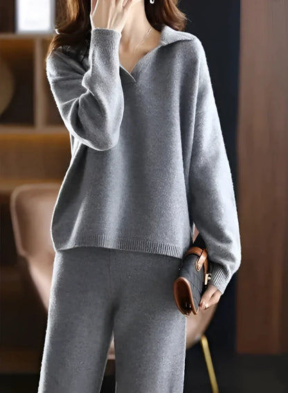 Isla Wool Collared V-Neck Sweater Two-Piece Set | Relaxed Fit Wool Trousers