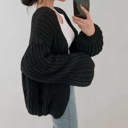 Isla Cotton Oversized Cardigan Sweater | Ribbed Balloon Sleeve Cardigan Sweater