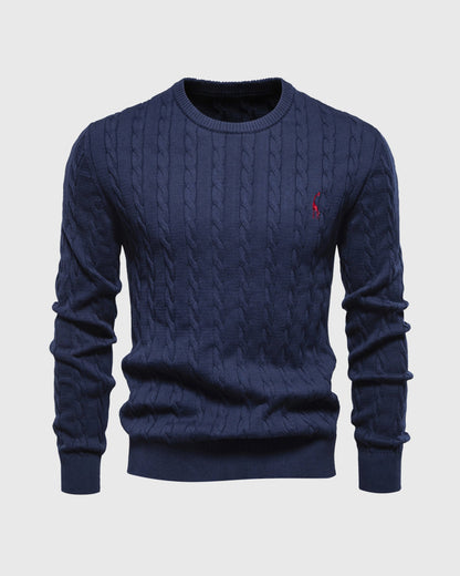 Theodore Cotton Cable Knit Pullover Sweater | Crewneck Ribbed Trim Sweater