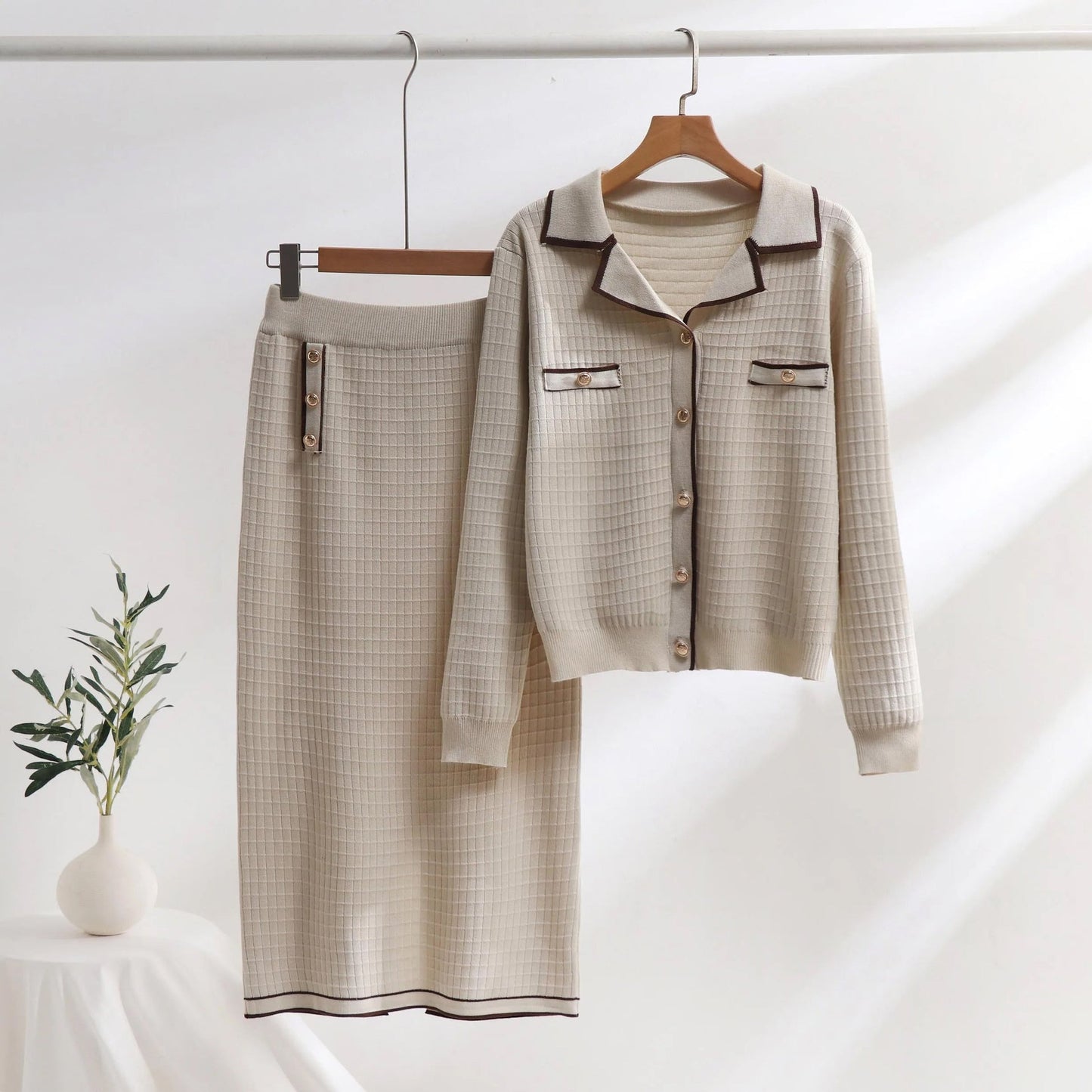 Isabella Cotton Grid Polo Cardigan Two-Piece Set | Slim Fit Everyday Set