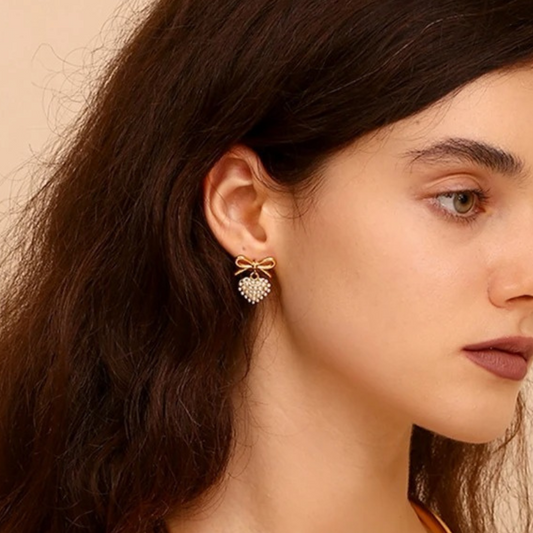 Golden Bow with Heart Earrings - Goldie