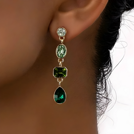 Gold Earrings with Green Crystals  - Emily