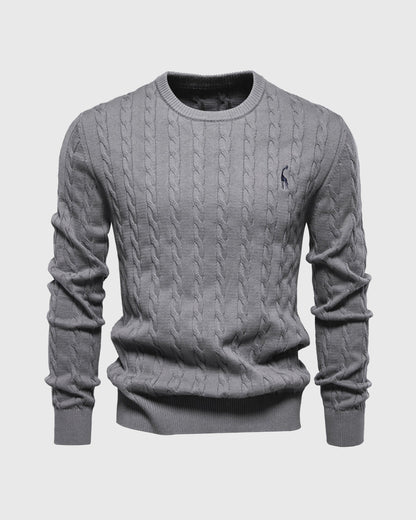 Theodore Cotton Cable Knit Pullover Sweater | Crewneck Ribbed Trim Sweater