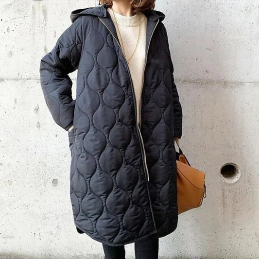 Isla Quilted Coat | Oversized Hooded Knee-Length Coat