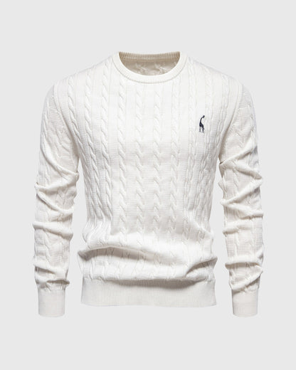 Theodore Cotton Cable Knit Pullover Sweater | Crewneck Ribbed Trim Sweater