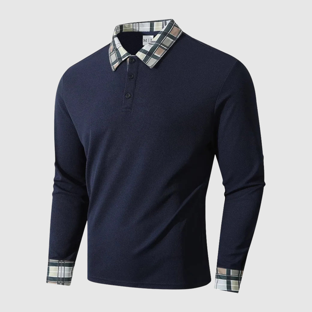 Theodore Cotton Ribbed Long Sleeve Polo Shirt | Check Collar Shirt