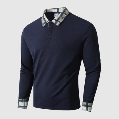 Theodore Cotton Ribbed Long Sleeve Polo Shirt | Check Collar Shirt