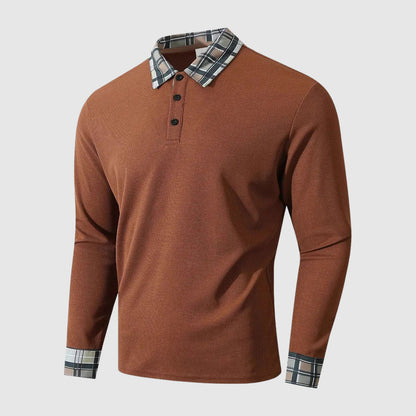 Theodore Cotton Ribbed Long Sleeve Polo Shirt | Check Collar Shirt