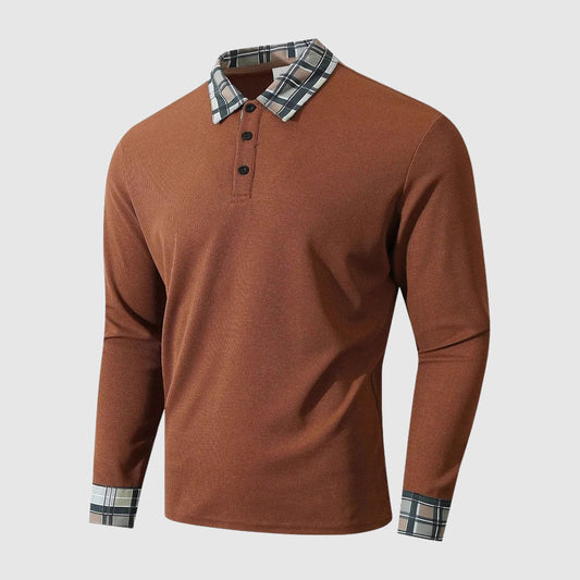 Theodore Cotton Ribbed Long Sleeve Polo Shirt | Check Collar Shirt