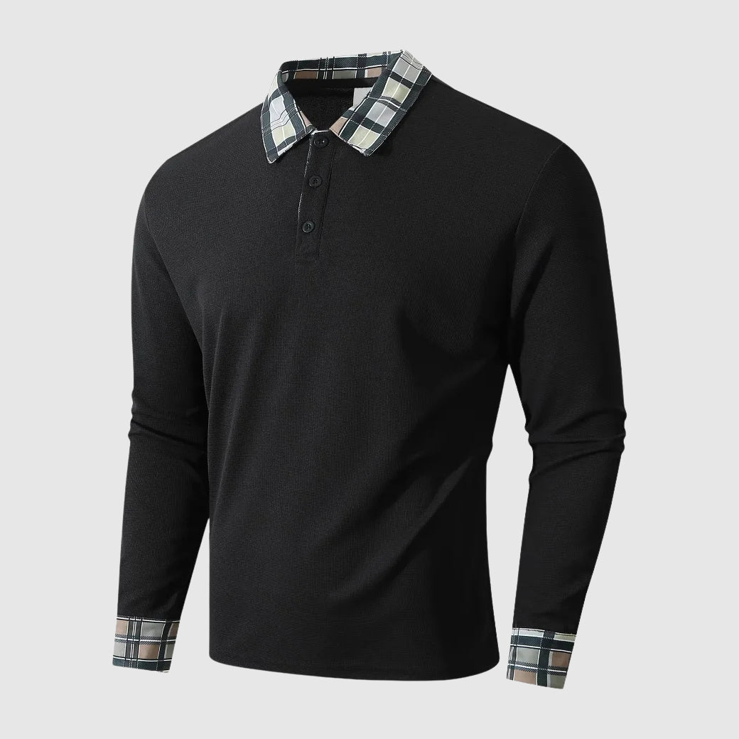 Theodore Cotton Ribbed Long Sleeve Polo Shirt | Check Collar Shirt